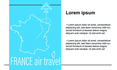 France air travel. Passenger plane and France map on blue background.