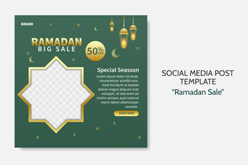 Ramadan Sale social media post template. Web banner advertising with green and golden color style for greeting card, voucher, islamic event. editable vector