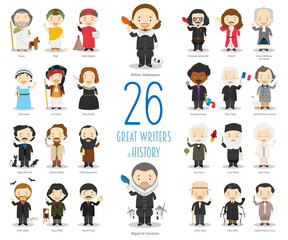 Kids Vector Characters Collection: Set of 26 great writers of History in cartoon style. - 427204515