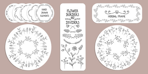 Botanical frames and dividers lines. Hand drawn vector brushes. Decorated  elements with leaves and wild herbs in Doodle style. Trendy illustration for greeting cards, seasonal decor, borders, photo.