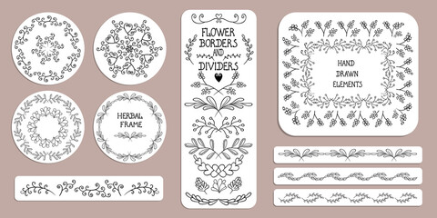 Botanical frames and dividers lines. Hand drawn vector brushes. Decorated  elements with leaves and wild herbs in Doodle style. Trendy illustration for greeting cards, seasonal decor, borders, photo.