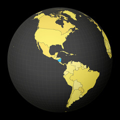 Nicaragua on dark globe with yellow world map. Country highlighted with blue color. Satellite world projection centered to Nicaragua. Attractive vector illustration.