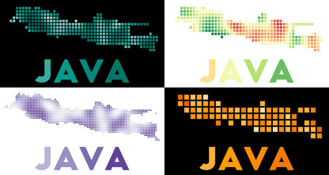 Java map. Collection of maps of Java in dotted style. Borders of the island filled with rectangles for your design. Vector illustration.