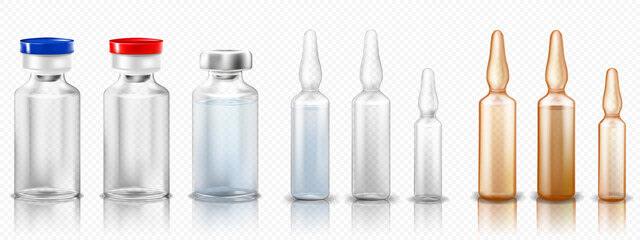 A set of glass medical ampoules or vials with a vaccine or medicine for treatment. Brown ampoules set .Bottles or transparent capsules with aluminum and plastic caps. Realistic 3d vector - obrazy, fototapety, plakaty