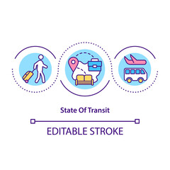 Naklejka premium State of transit concept icon. Moving countries. Transportation through region. Migrant workers idea thin line illustration. Vector isolated outline RGB color drawing. Editable stroke