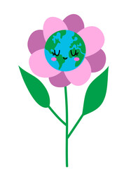 Flower Earth Day 2021. Planet Earth in a garden pot like home plant. Earth Day kawaii drawing with heart shape Earth. Poster or t-shirt textile graphic design. Beautiful
