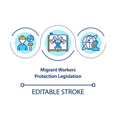 Migrant workers protection legislation concept icon. Legal support. Immigrant employee rights idea thin line illustration. Vector isolated outline RGB color drawing. Editable stroke