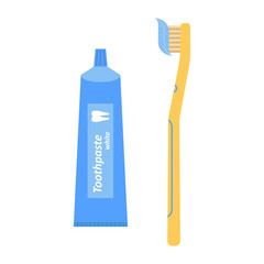 Toothbrush and a tube of toothpaste. Dental cleaning tools. Vector illustration in flat style on white isolated background.