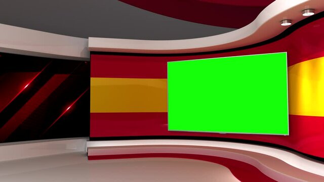 TV studio. Spain. Spanish flag studio. Spanish flag background. News studio. The perfect backdrop for any green screen or chroma key video or photo production. 3d render. 3d
