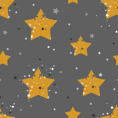 Stars seamless pattern. Cute baby background. Gold and black stars fashion wallpaper. Bright luxury design elements. Abstract texture. Space textile. Vector illustration