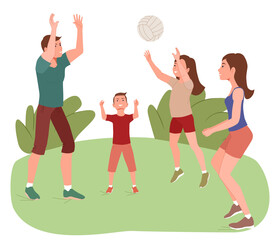 Active happy family playing with a ball outdoors. On summer weekends, parents and children spend their free time in nature.