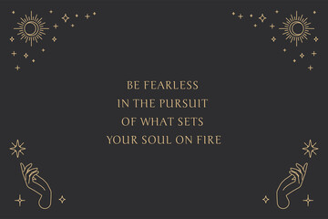 Motivational quote decorated with celestial linear icons on black background