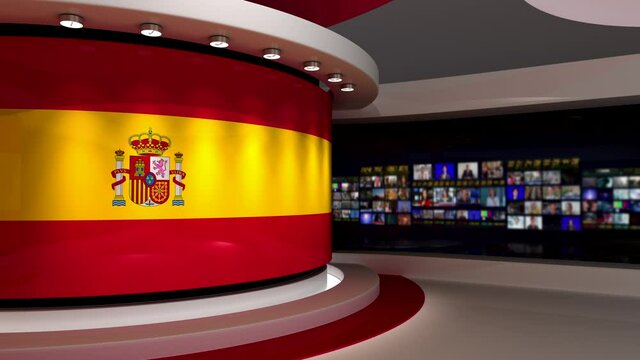 TV studio. Spain. Spanish flag studio. Spanish flag background. News studio. The perfect backdrop for any green screen or chroma key video or photo production. 3d render. 3d
