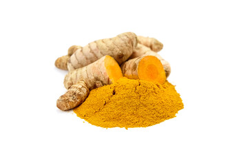Curcuma powder and roots isolated on white background. Oriental spice