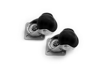 Two black rubber wheel caster on white background, furniture Wheel,