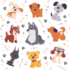 Obraz na płótnie Canvas Seamless pattern design with cute little dog characters, paw trace and bones isolated on white background. Vector flat illustration. For kids gifts packaging, wrapping paper etc.