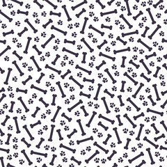 Seamless pattern design with  dog paw traces and bone silhouettes shapes isolated on white background. Vector flat cartoon illustration. For packaging, wrapping paper etc.