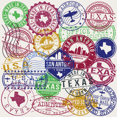 San Antonio Texas Set of Stamps. Travel Stamp. Made In Product. Design Seals Old Style Insignia.