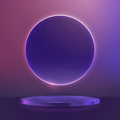 Purple product display podium with a pink neon ring in modern style