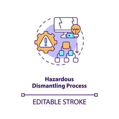 Hazardous dismantling process concept icon. E-waste management challenge idea thin line illustration. Dangerous material extraction. Vector isolated outline RGB color drawing. Editable stroke