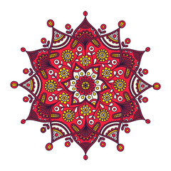 Vector hand drawn doodle mandala. Ethnic mandala with colorful ornament. Brown, red, white and yellow colors. Isolated on white background. Meditation mystical illustration. - 427208140