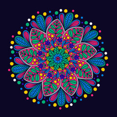 Vector hand drawn doodle mandala. Ethnic mandala with colorful ornament. Abstract floral illustration. Leaves and berries in circle.  Bright colors elements - pink, blue, green and yellow. - 427208157