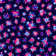 Vector seamless pattern with flat flowers. Hand drawn floral background. Cute design for fabric, wallpaper, wrapping, scrapbooking. Stylized drawn flowers backdrop. Bright elements on navy background. - 427208186