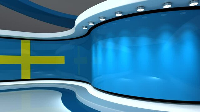 Sweden. Swedish flag. TV studio. News studio.  Loop animation. Background for any green screen or chroma key video production. 3d render. 3d 