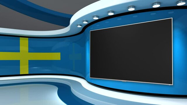 Sweden. Swedish flag. TV studio. News studio.  Loop animation. Background for any green screen or chroma key video production. 3d render. 3d 