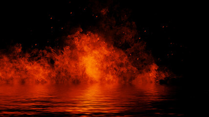Fire on isolated background. Perfect explosion effect for decoration and covering on black background. Concept burn flame and light texture overlays. Reflection in water.