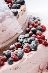 Pink Wedding Naked Cake with mixed Berry and Strawberry