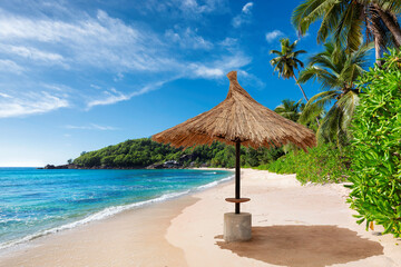 Parasol on beautiful beach with palms and turquoise sea in Paradise island.	