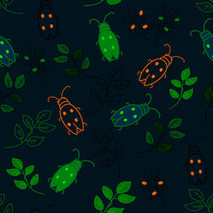 Vector Seamless doodle pattern with glowing beetles, plant on dark background. Cartoon illustration insect night life. 