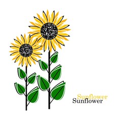 Sunflower with green leaves in flat style
