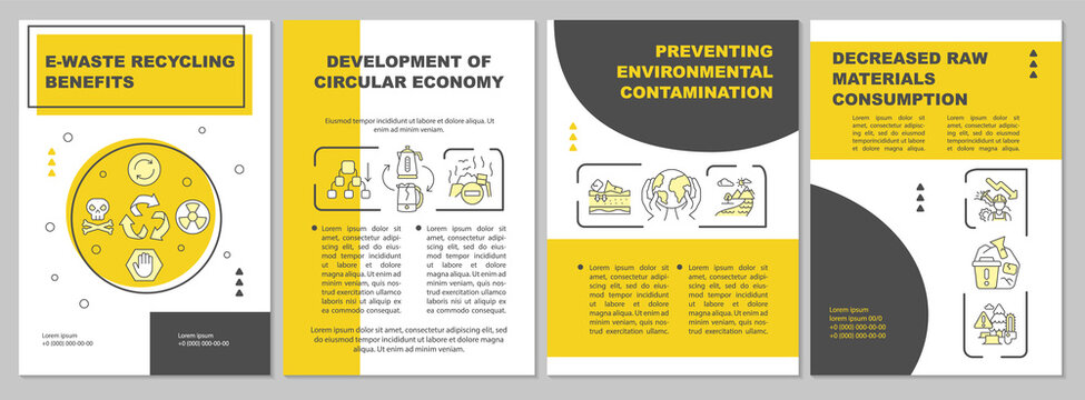 E-waste recycling brochure template. Contamination prevention. Flyer, booklet, leaflet print, cover design with linear icons. Vector layouts for presentation, annual reports, advertisement pages