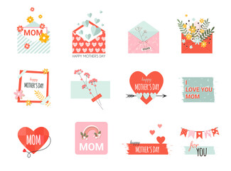 Mothers day elements with envelope with flowers, letter, card with heart and lettering in flat style