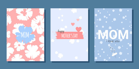 Mothers day card with flowers in pastel pink blue colors