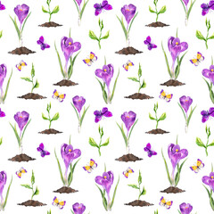 Obraz na płótnie Canvas Violet crocus flowers, green saplings, butterflies. Seamless pattern. Watercolor