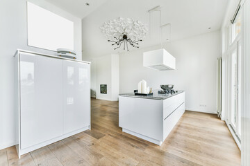 Interior of spacious light kitchen with modern white furniture and pop art portrait in light apartment
