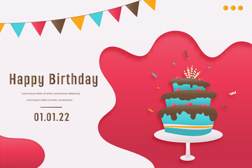 Discount shop online, Birthday sale banners with cake paper cut and papercraft style. Celebration Happy birthday sale voucher template.