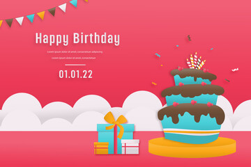 Discount shop online, Birthday sale banners with cake paper cut and papercraft style. Celebration Happy birthday sale voucher template.