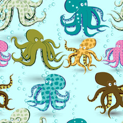 Octopuses seamless background. Oceanic cartoon pattern colored wallpaper.