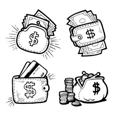 Wallets with money. black and white hand drawn outline set