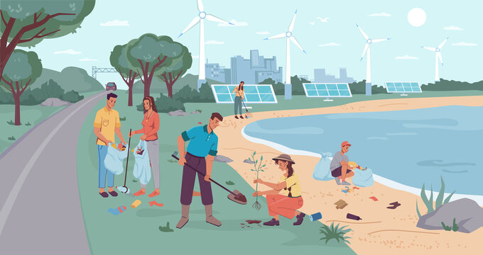 Eco-city environment, garbage collection and tree planting. People volunteers cleaning up beach from wastes, flat cartoon design. Vector windmills and solar panels, team of adults kids pickup rubbish