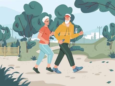 Running senior man and woman in city park with pathway, green trees, cityscape on background. Vector jogging old lady and gentleman cartoon style characters, middle aged pensioners sportif joggers