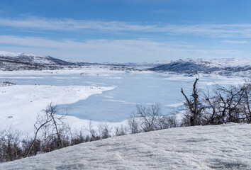 View of the frozen lake Sløddfjorden near the village of Haugastøl, in the municipality of Hol, Viken County, Norway