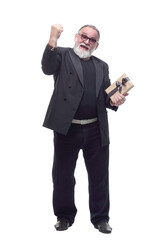 happy business man with a gift box. isolated on a white background.