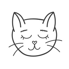 Funny and cute fluffy cat face close up with calm emotion. Trendy stylized clipart with hand drawn vector outline. Suitable for stickers, scrap elements, social media. Illustration isolated.