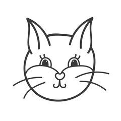 Fototapeta premium Funny and cute fluffy cat face close up with happy emotion. Trendy stylized clipart with hand drawn vector outline. Suitable for stickers, scrap elements, social media. Illustration isolated.