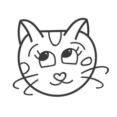 Funny and cute fluffy cat face close up with embarrassed emotion. Trendy stylized clipart with hand drawn vector outline. Suitable for stickers, scrap elements, social media. Illustration isolated.
